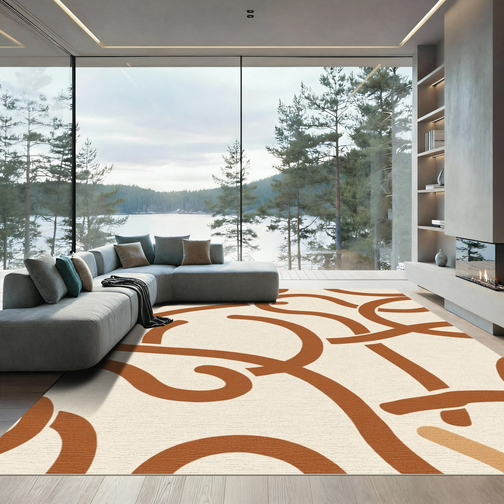 Terracotta Cream Abstract Curved Lines Rug