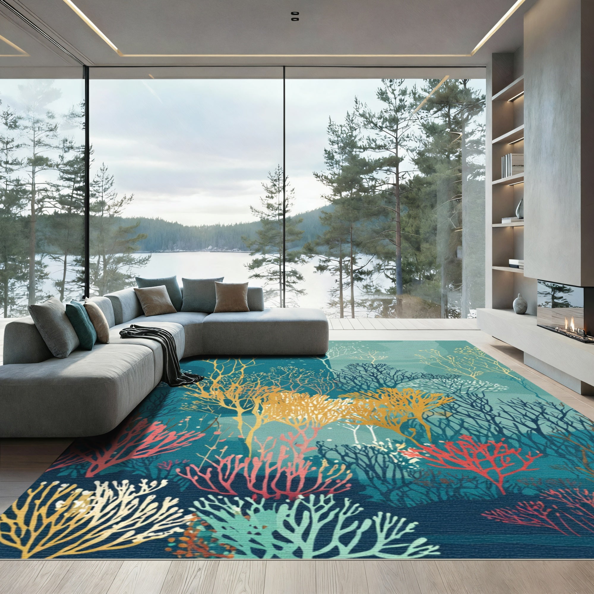 Teal Coral Garden Abstract Branch Rug