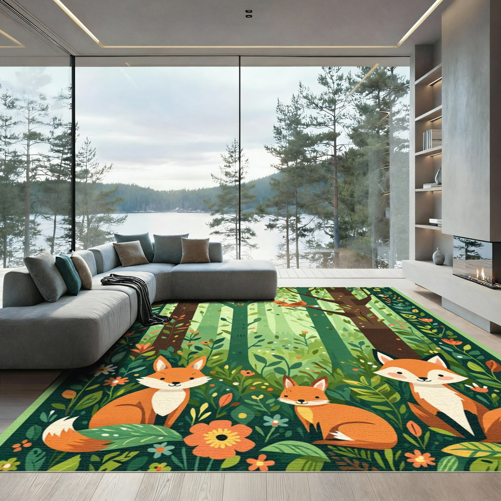 Woodland Foxes And Birds Forest Scene Rug