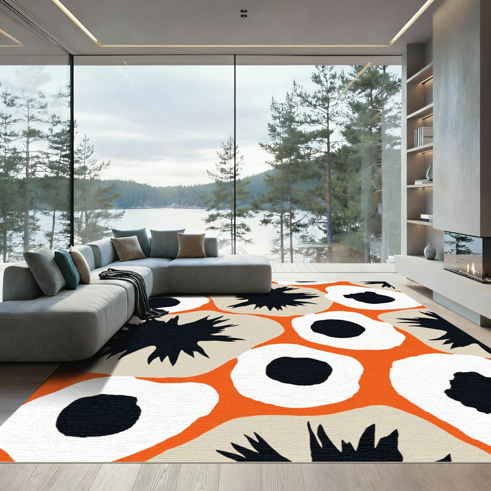 Bold Orange Black White Floral Explosion Rug