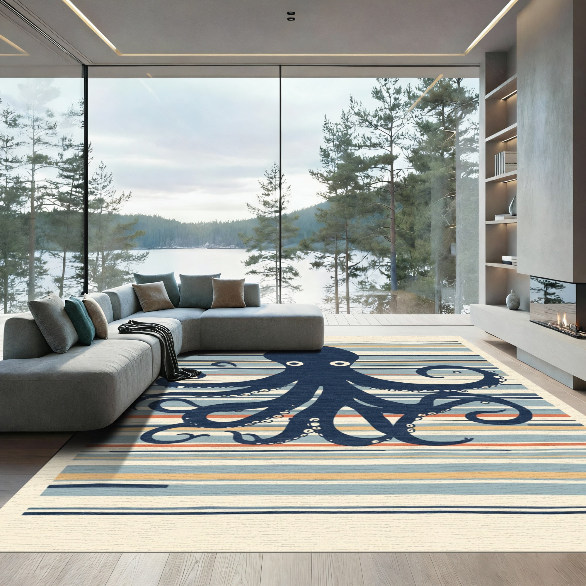 Navy Octopus on Striped Background Rug