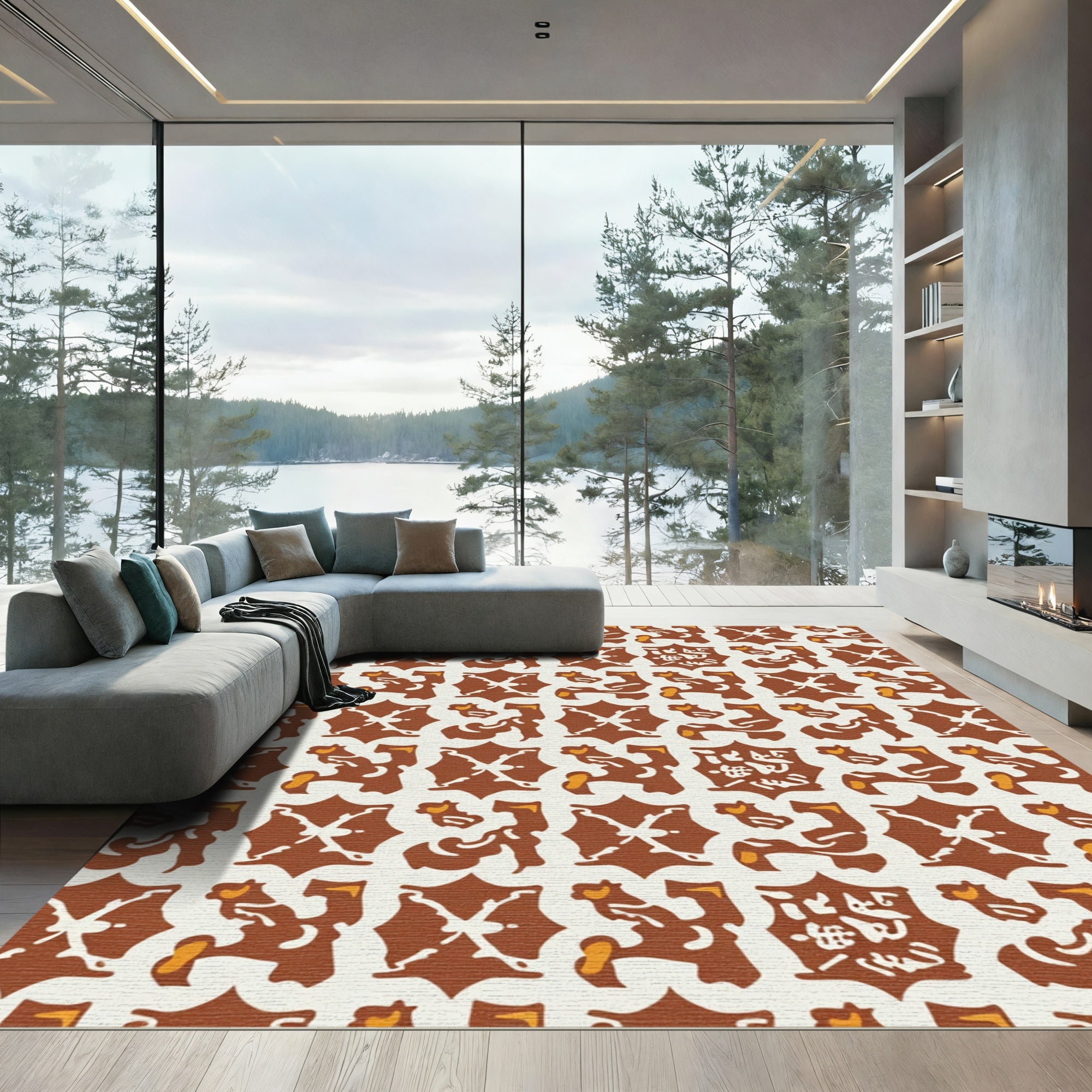 Rustic Ochre Abstract Scroll Relief Rug