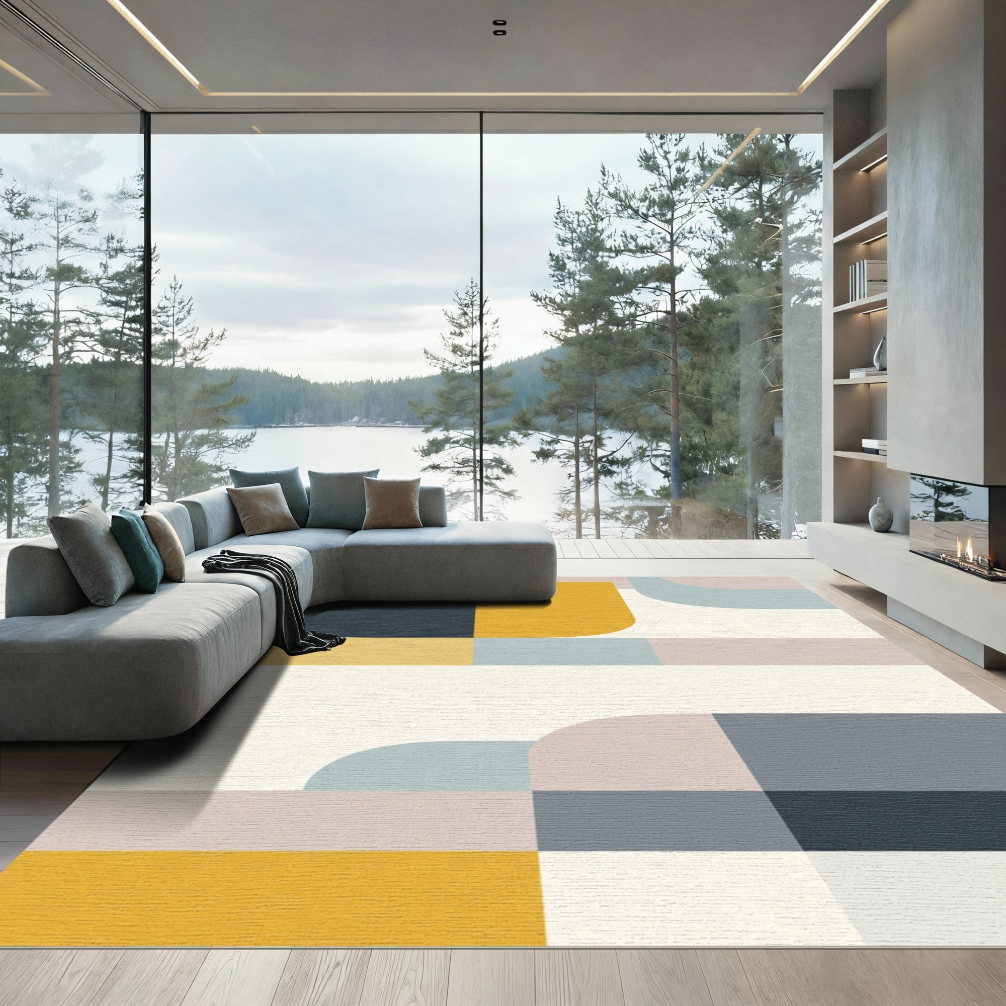 Modern Ochre Blue Geometric Abstract Rug