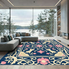 Charming Navy Floral Cat Ornament Rug