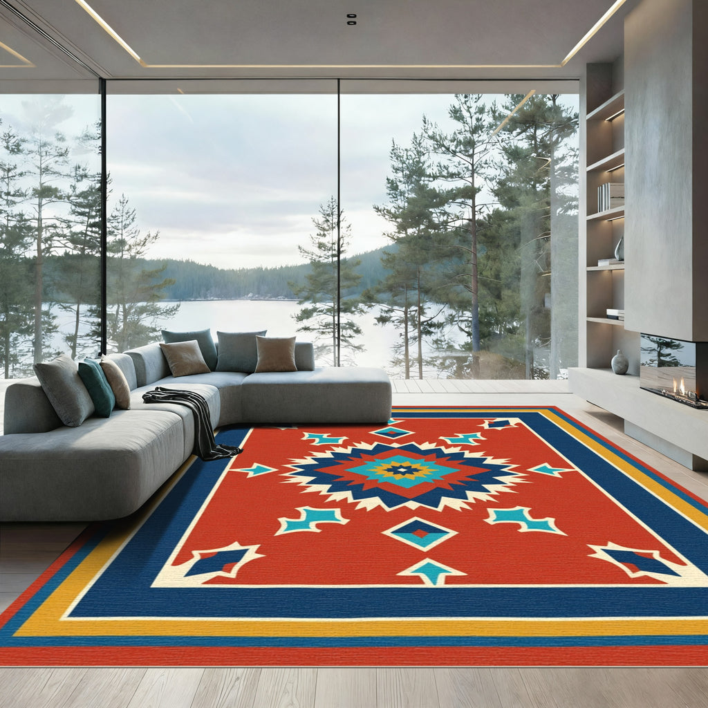 Red Geometric Sunburst Star Medallion Rug