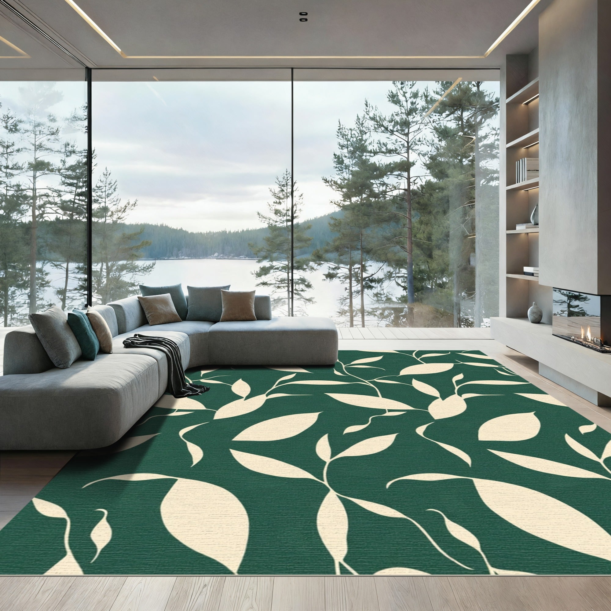 Cream Leafy Vines on Deep Green Background Rug