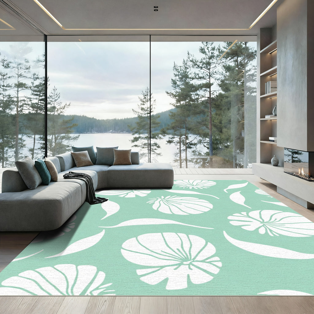 Coastal White Shell Leaf Aqua Rug