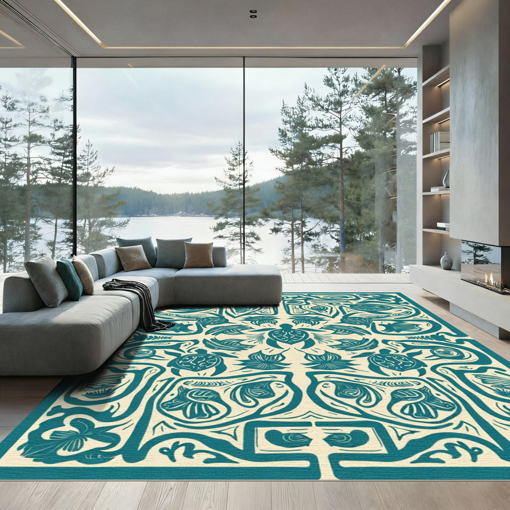 Teal Turtle Floral Border Art Rug