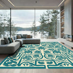 Teal Turtle Floral Border Art Rug