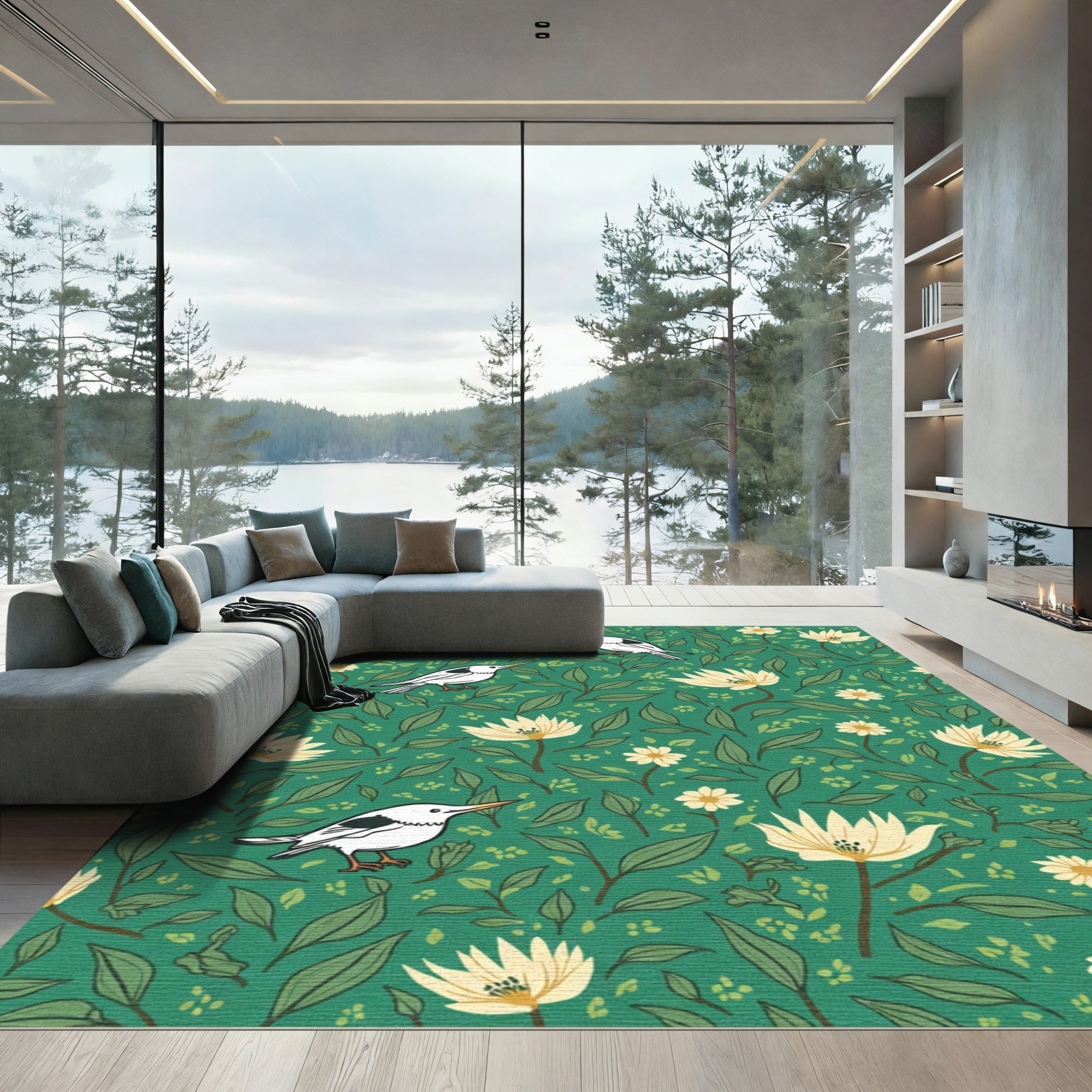 Green Cream Bird and Flower Meadow Rug