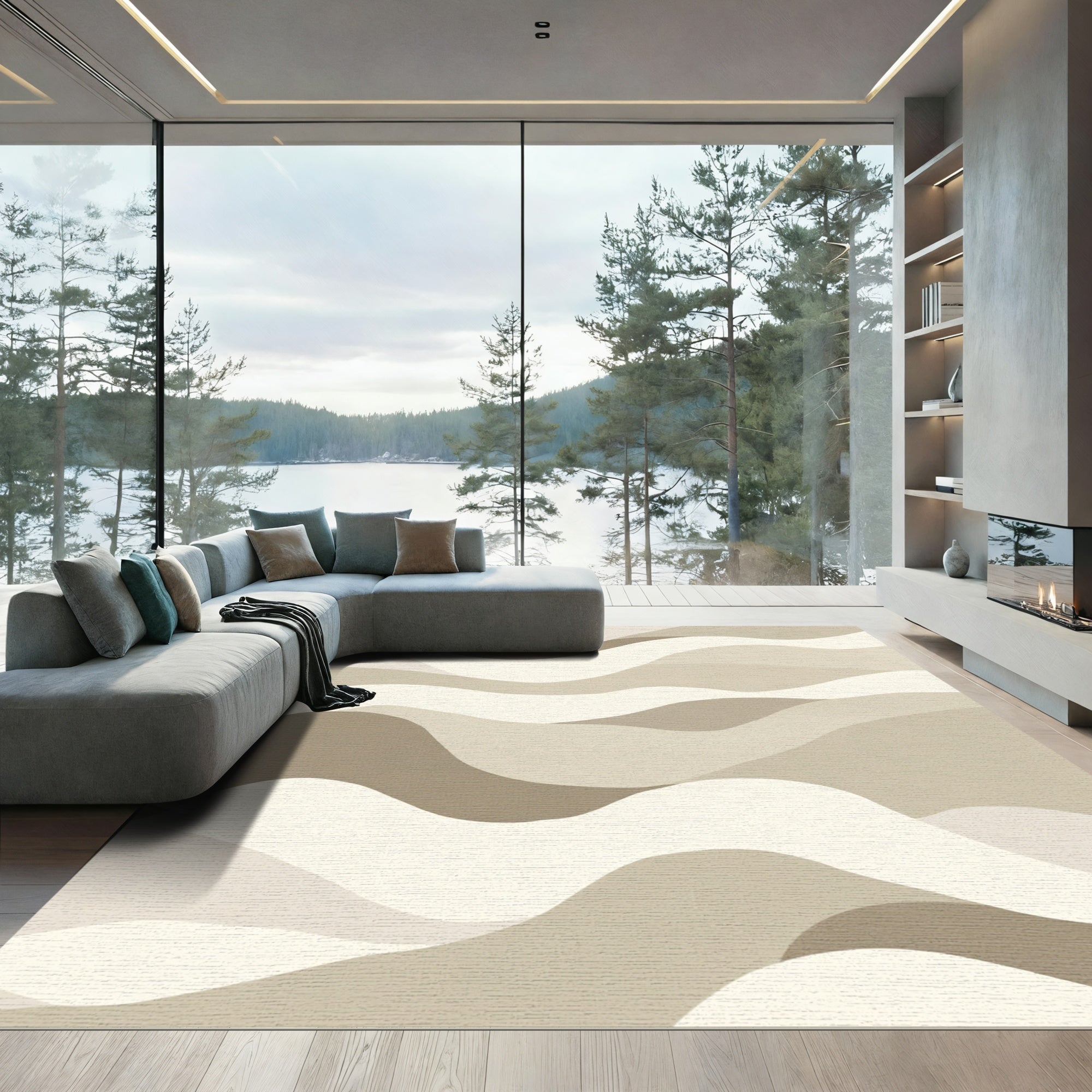 Neutral Earthy Tone Abstract Waves Rug
