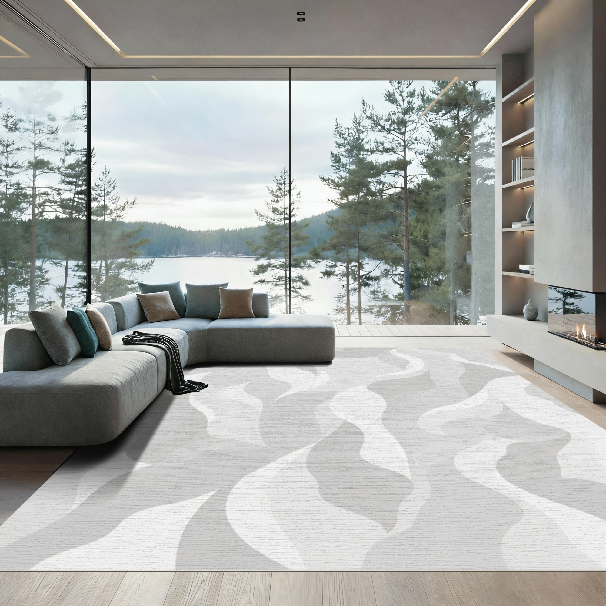 Gray White Flowing Abstract Shape Rug