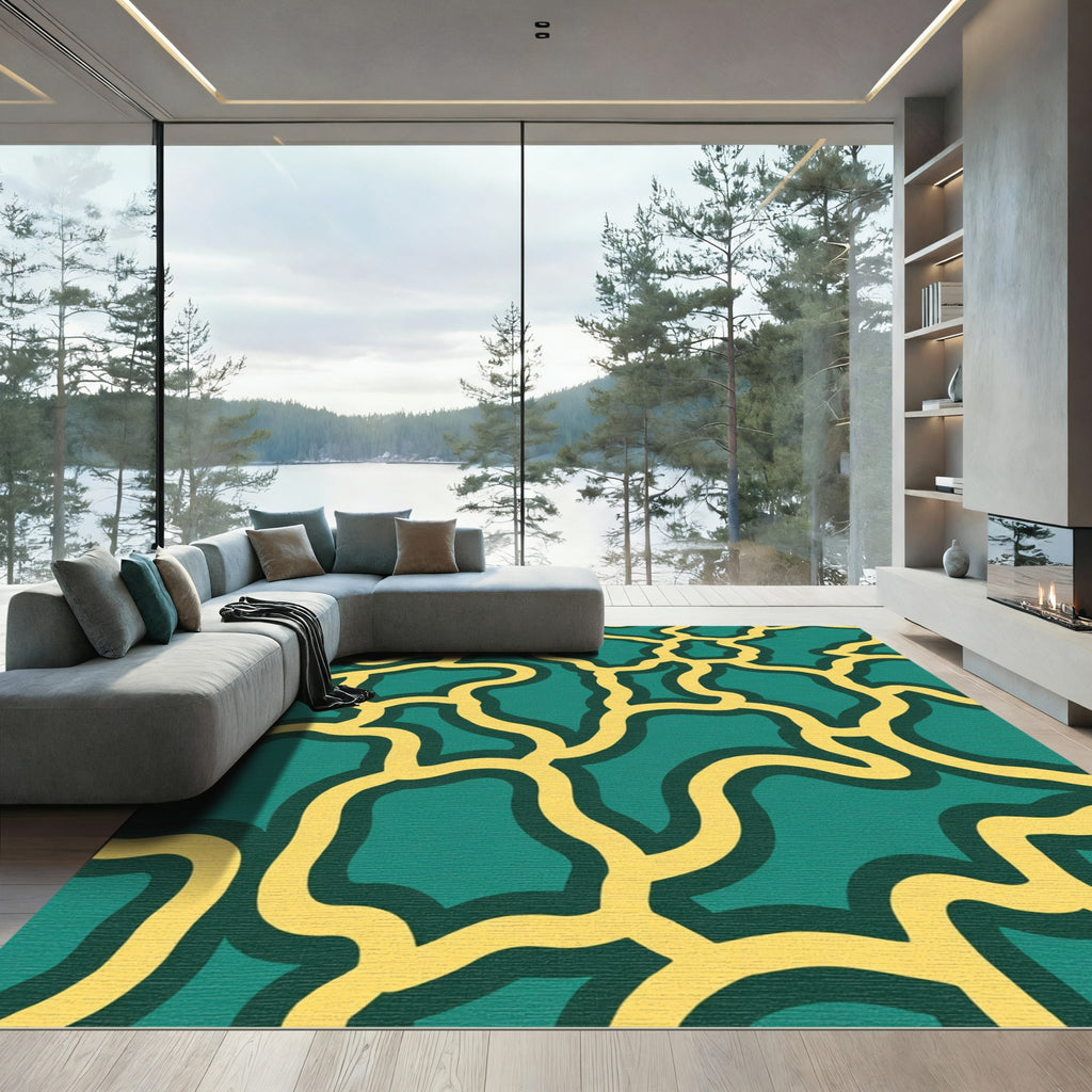 Teal Yellow Organic Line Art Rug
