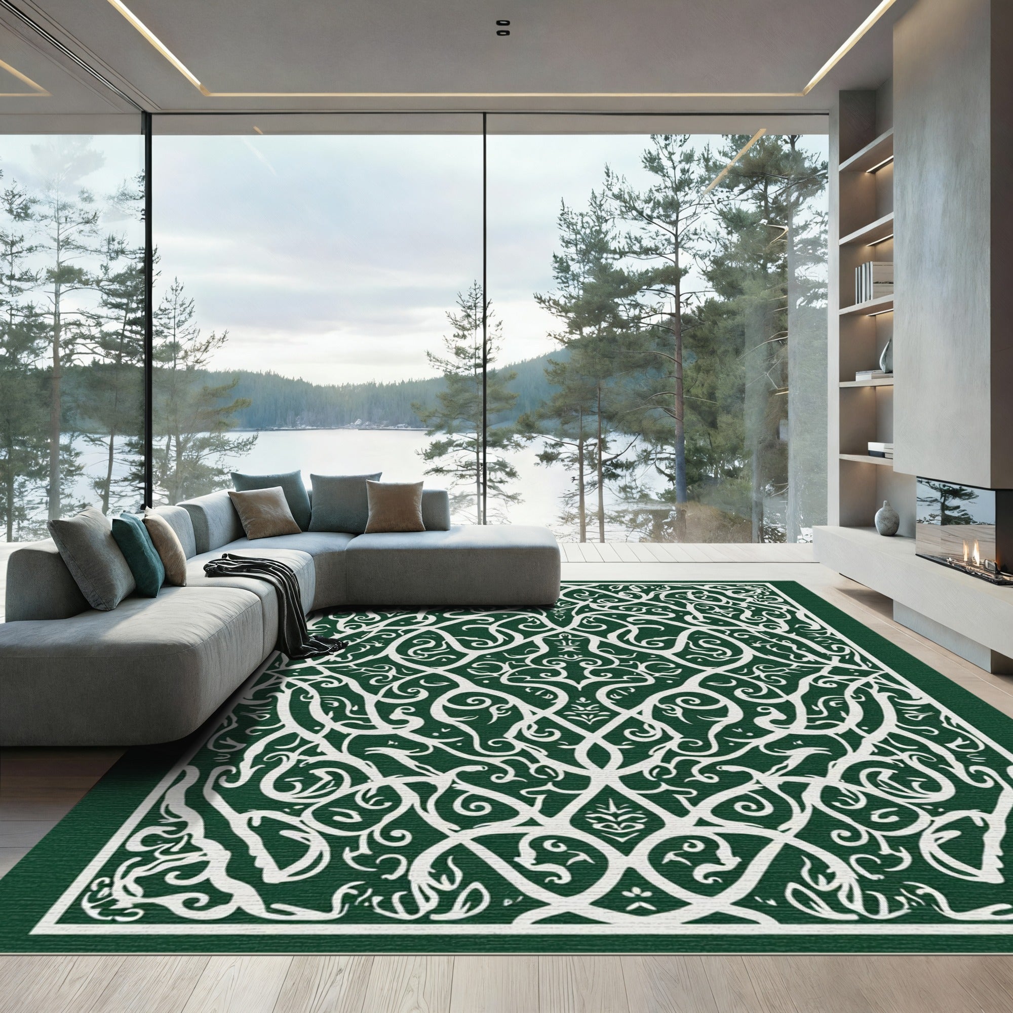 Intricate White Vine Mandala Emerald Rug