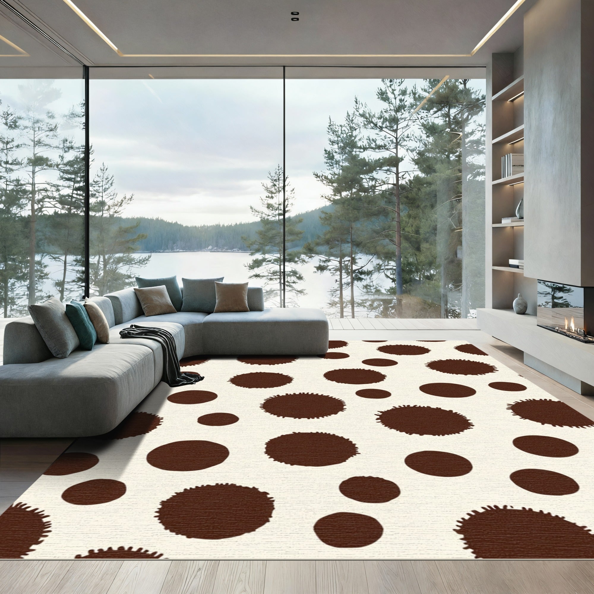 Brown Splattered Polka Dot Cream Background Rug