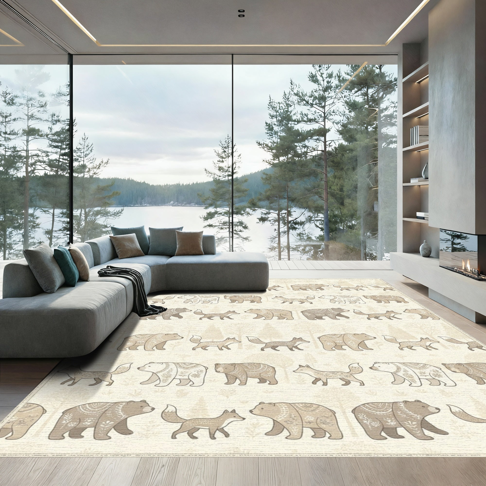 Woodland Bears and Foxes Scandinavian Scene Rug