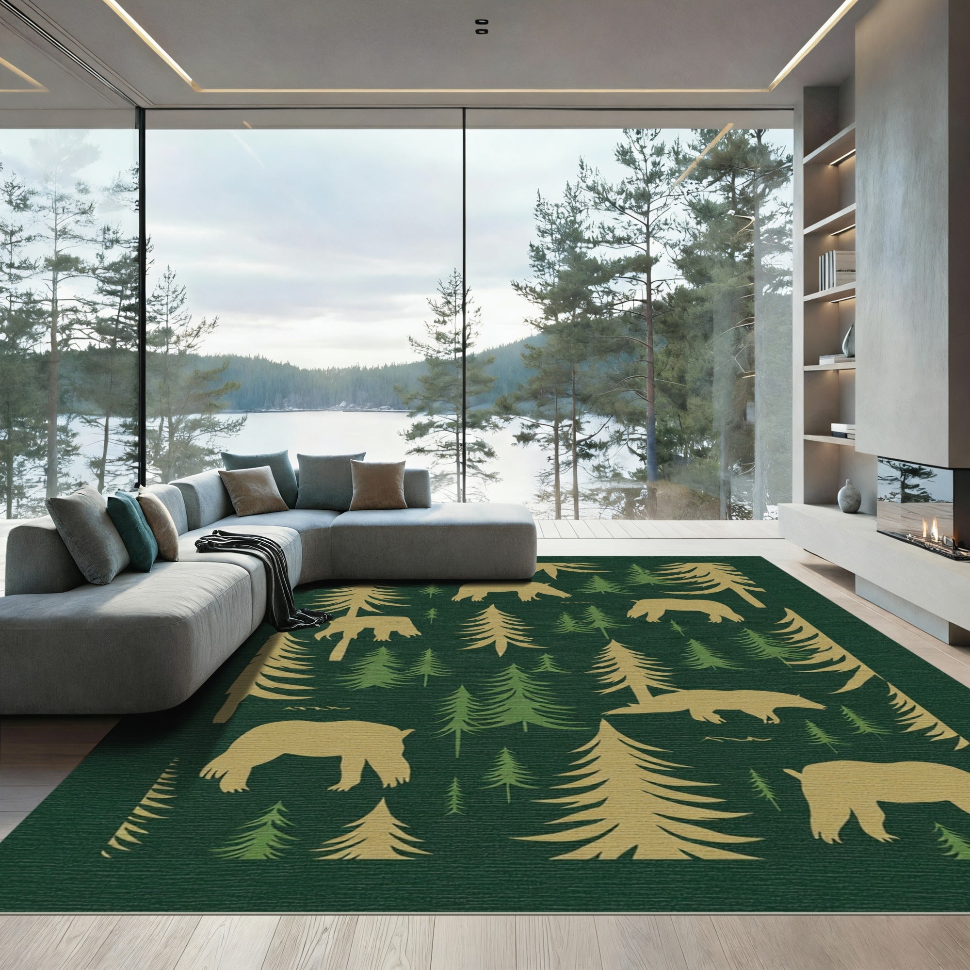 Forest Bear Silhouette Woodland Scene Rug