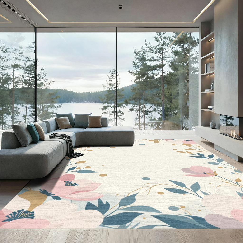 Soft Pink Floral Botanical Vines Rug