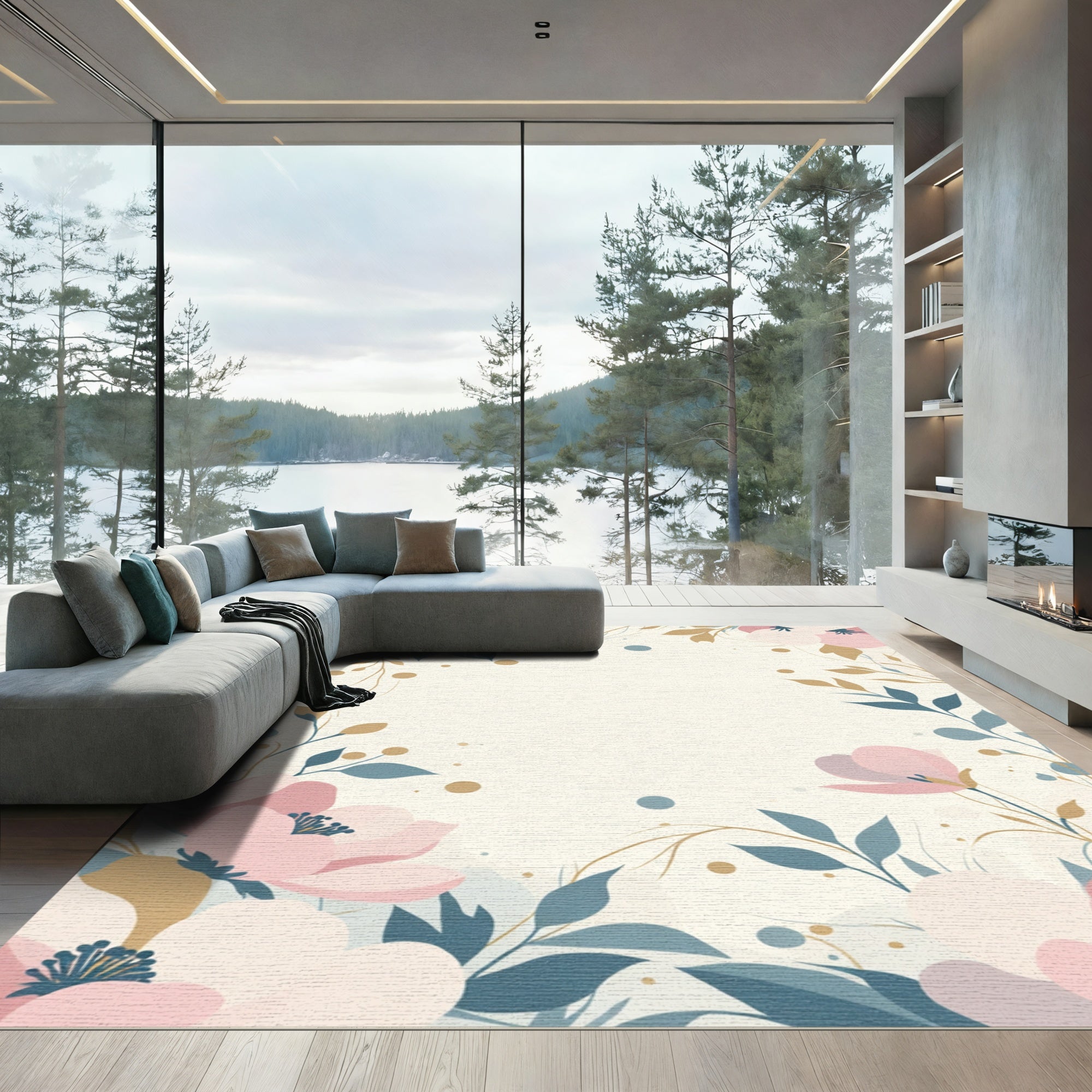 Soft Pink Floral Botanical Vines Rug