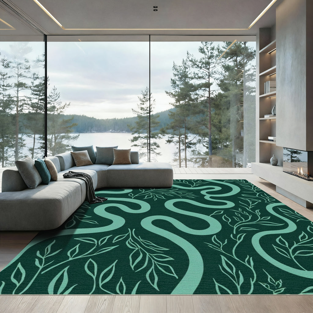 Deep Teal Winding Branch Composition Rug