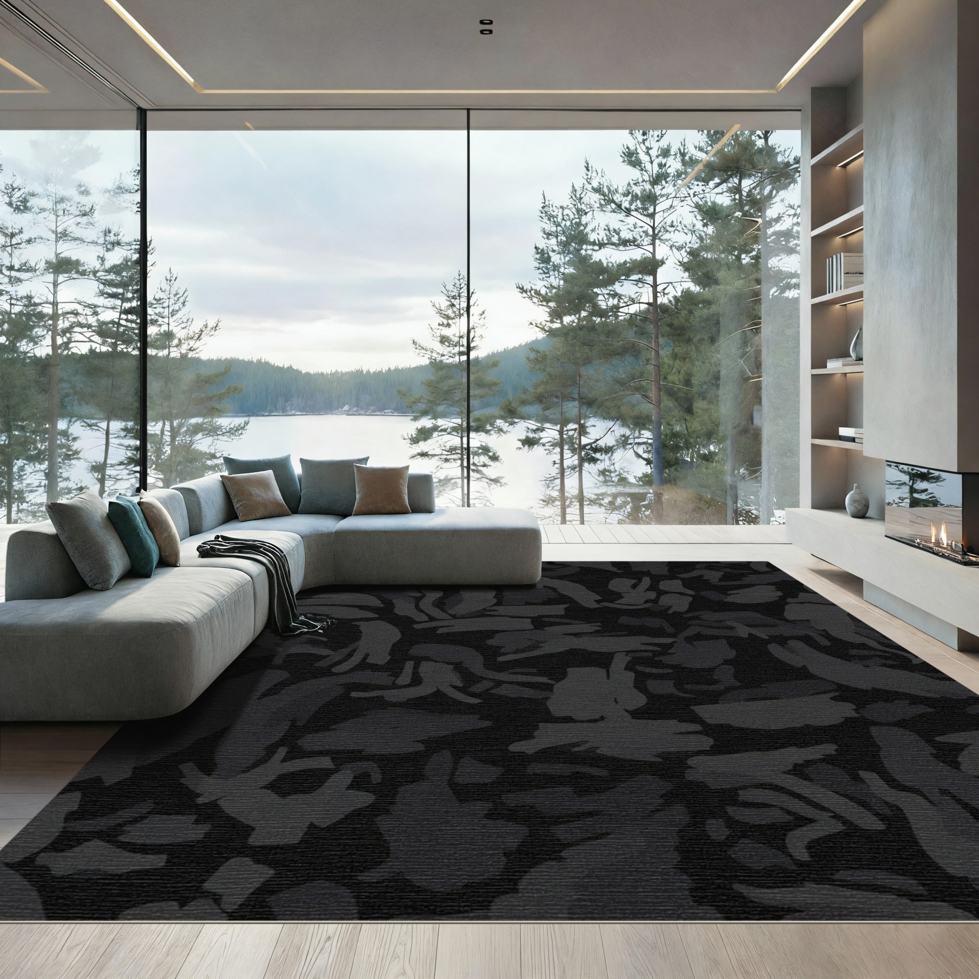 Abstract Charcoal Smudge Shapes Rug
