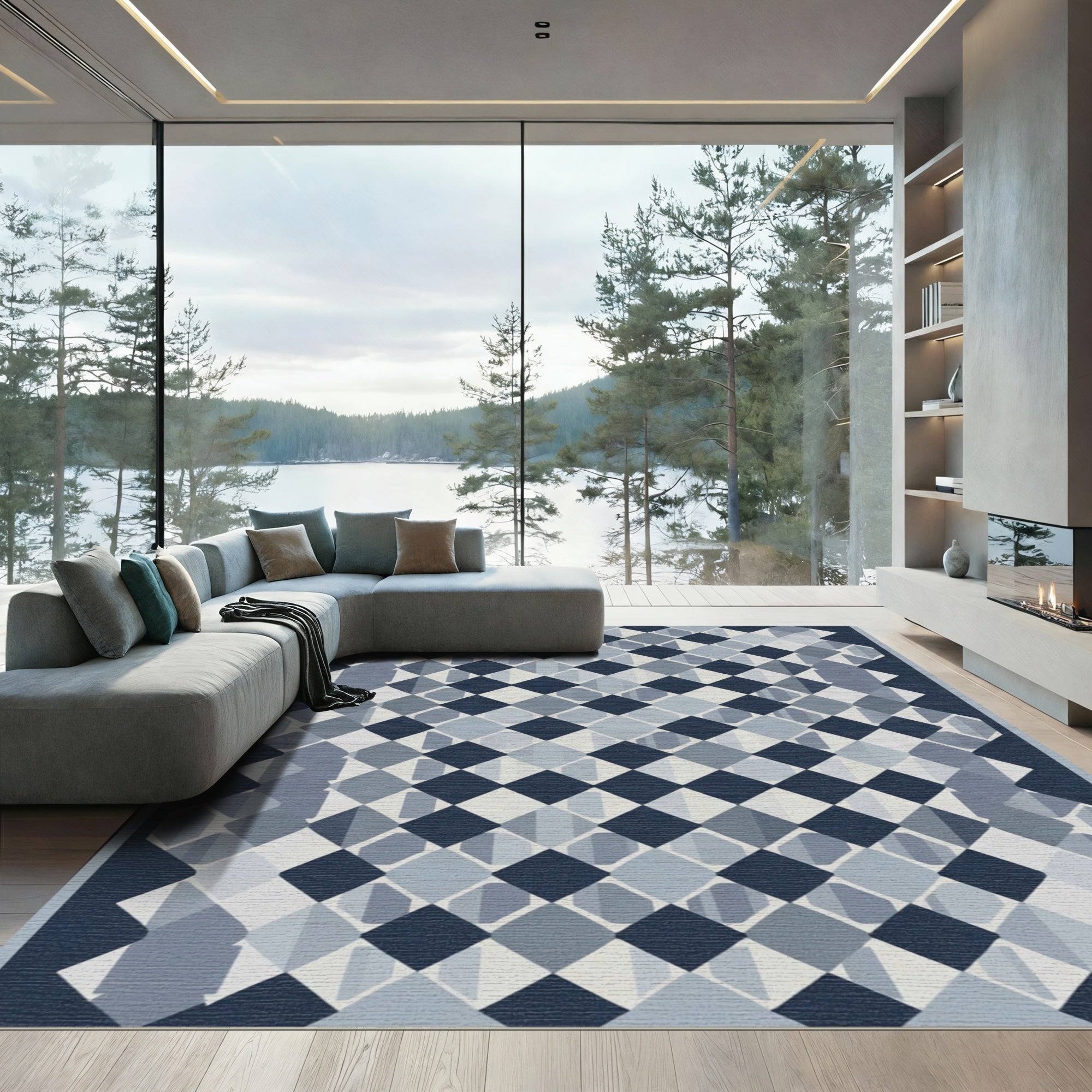 Navy Blue Diamond Lattice Rug