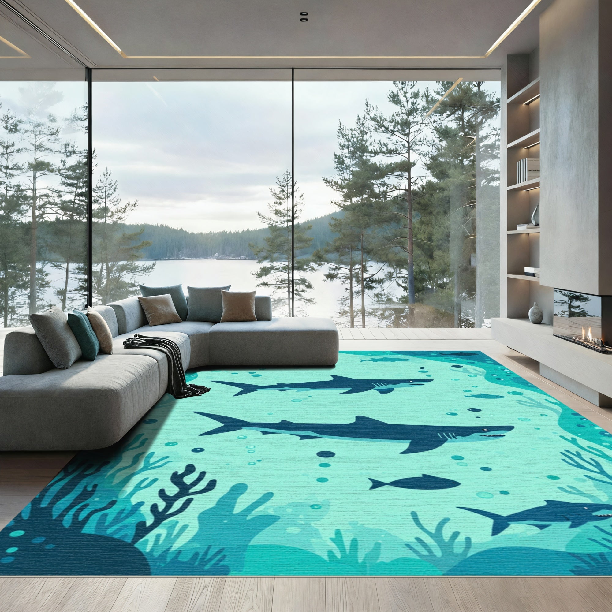 Deep Blue Oceanic Shark Ensemble Rug
