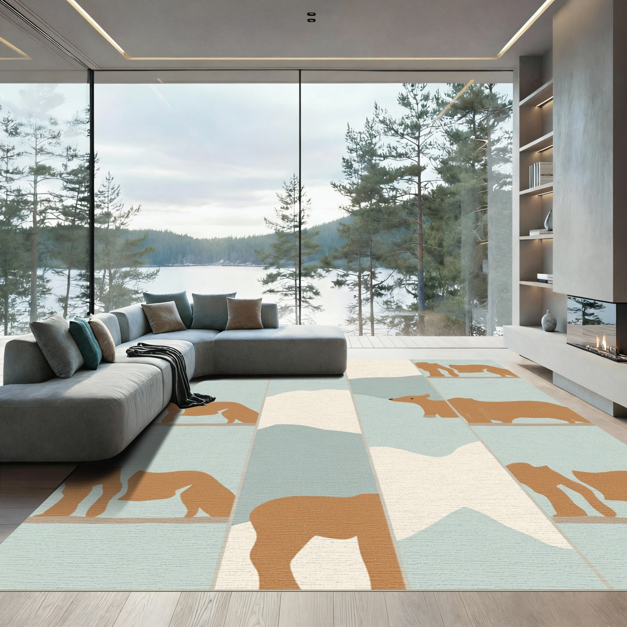 Brown Bear Landscape Pastel Blocks Rug