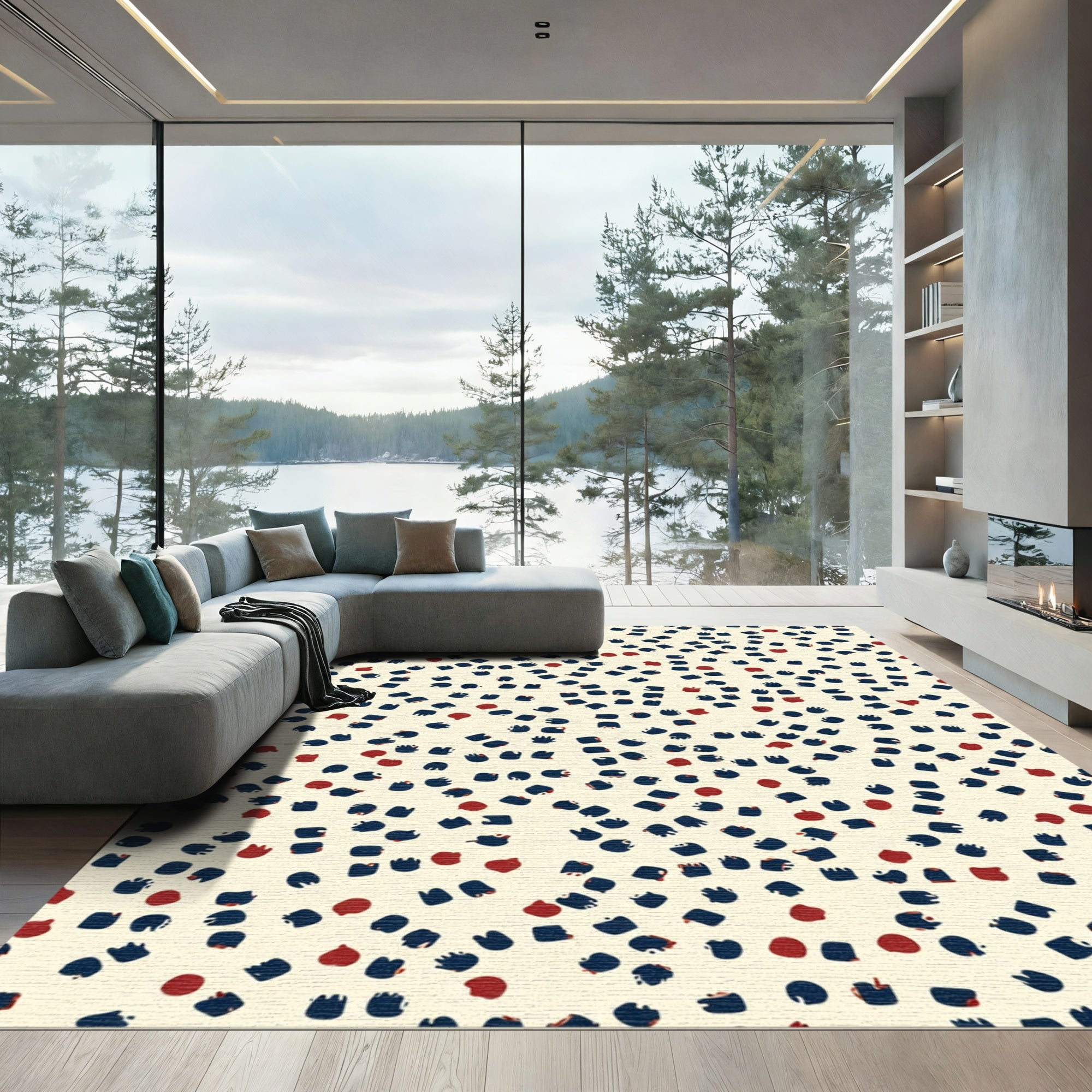 Neutral Beige Abstract Teal Dots Rug