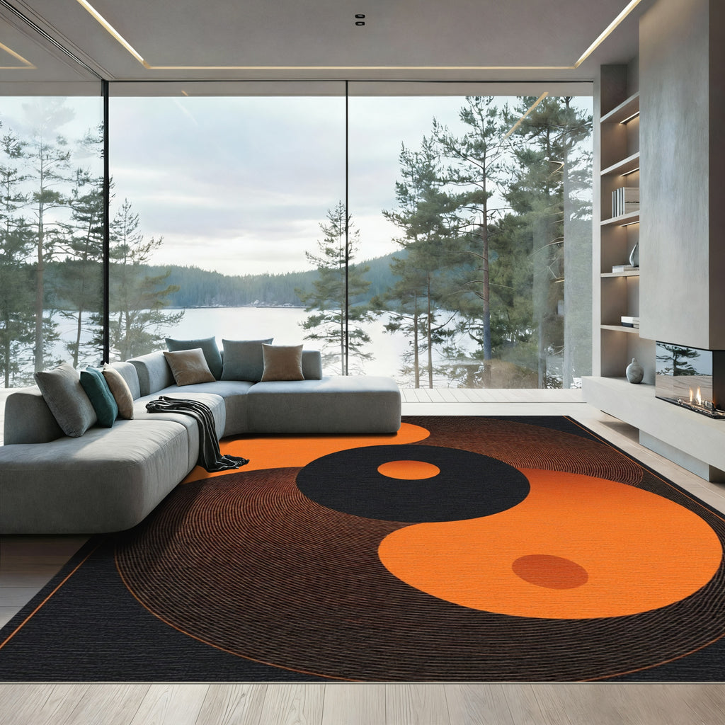 Orange Black Concentric Circles Swirl Rug