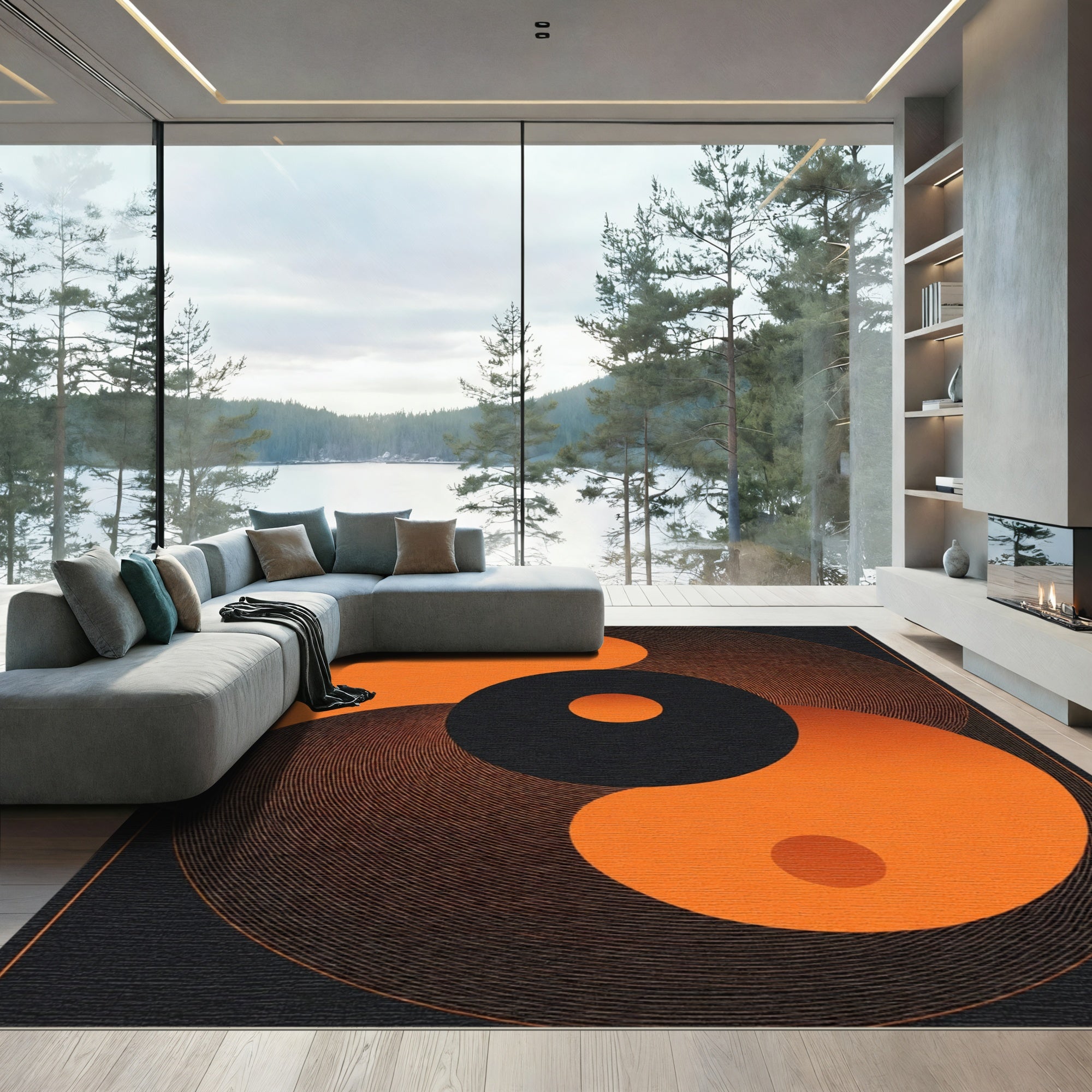 Orange Black Concentric Circles Swirl Rug