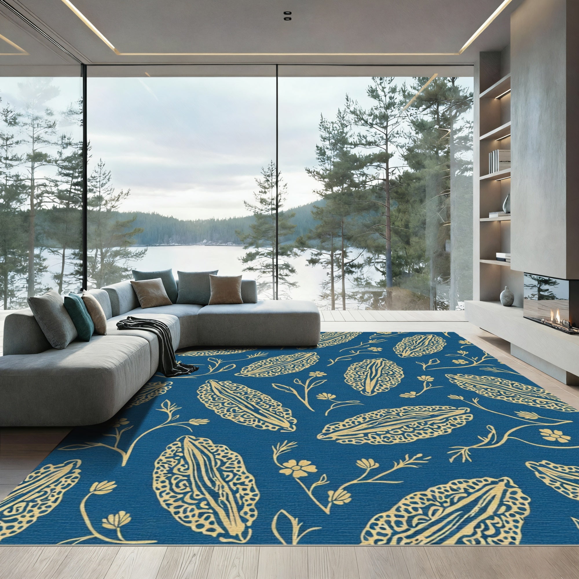 Midnight Blue Golden Floral Seed Pod Rug