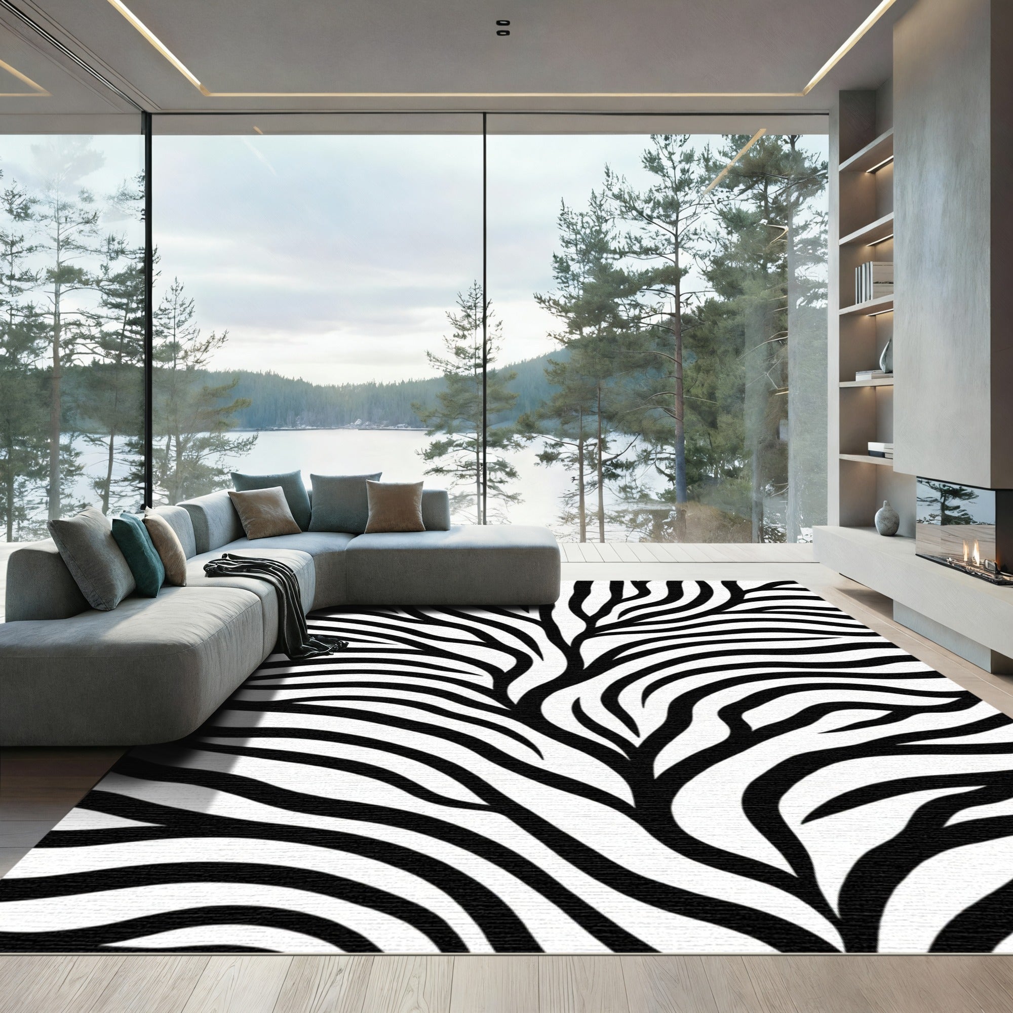 Black White Wavy Striped Accent Rug