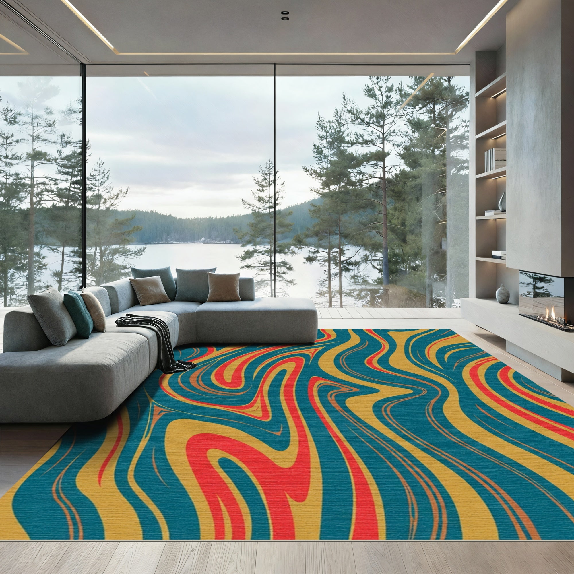 Crimson Gold Teal Swirl Fluid Rug