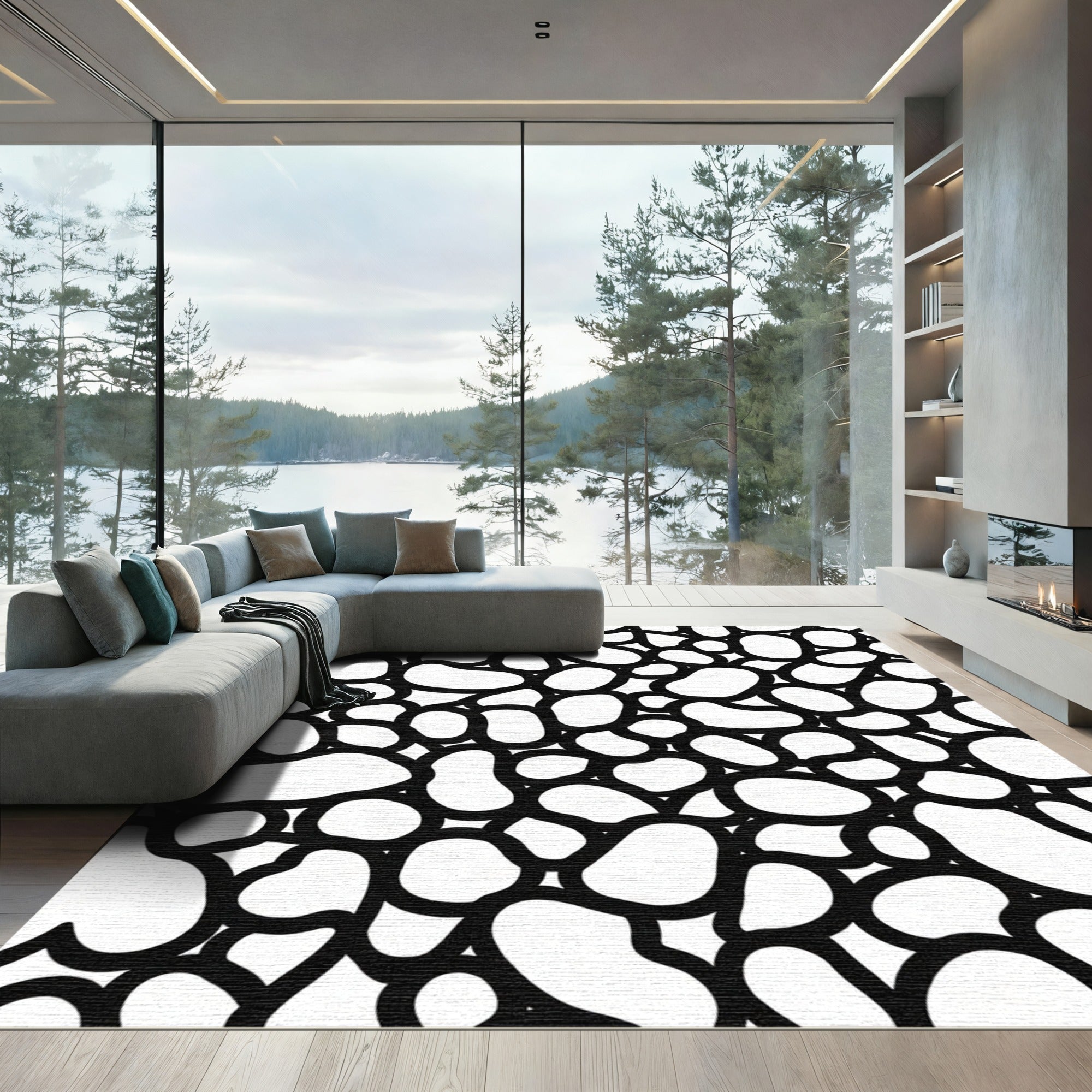 Organic Pebble Black White Abstract Rug