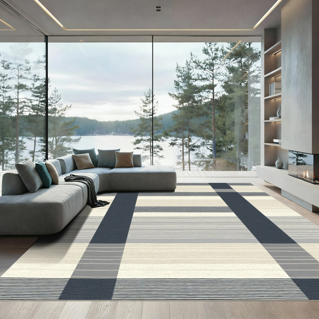 Navy Cream Gray Stripe Rug