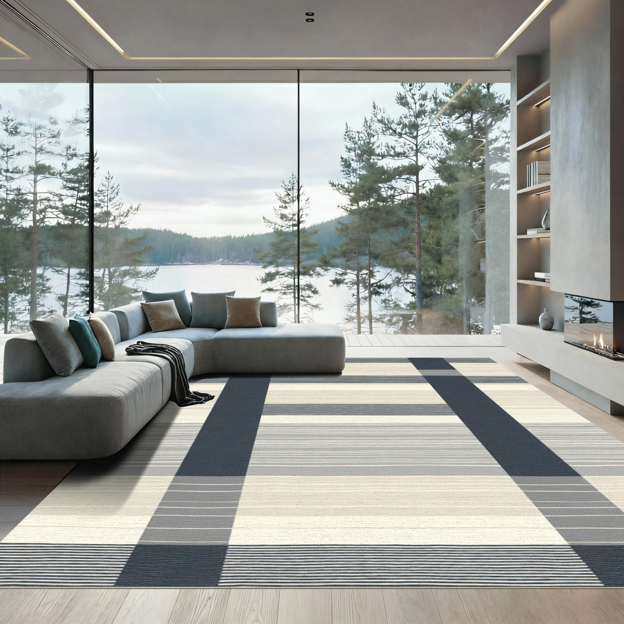 Navy Cream Gray Stripe Rug