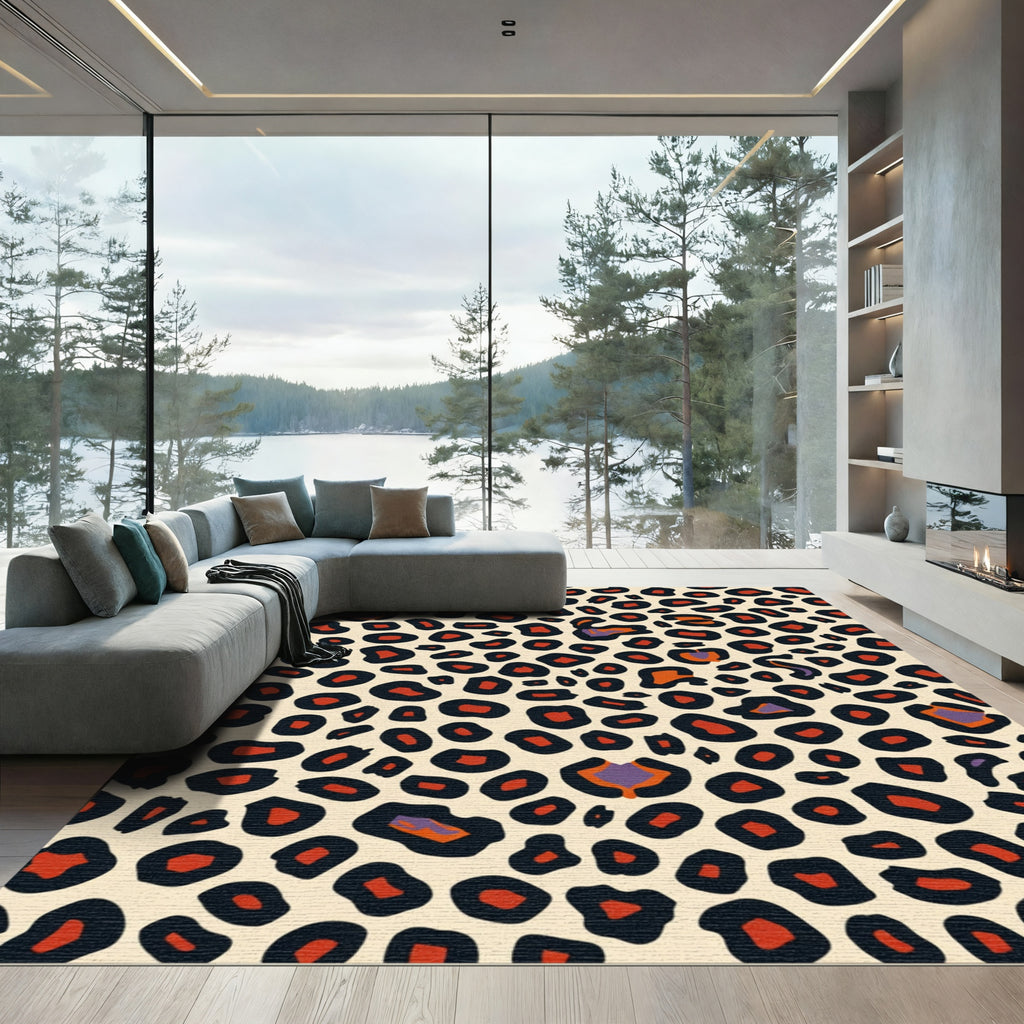 Bold Leopard Spots Red Orange Accents Rug