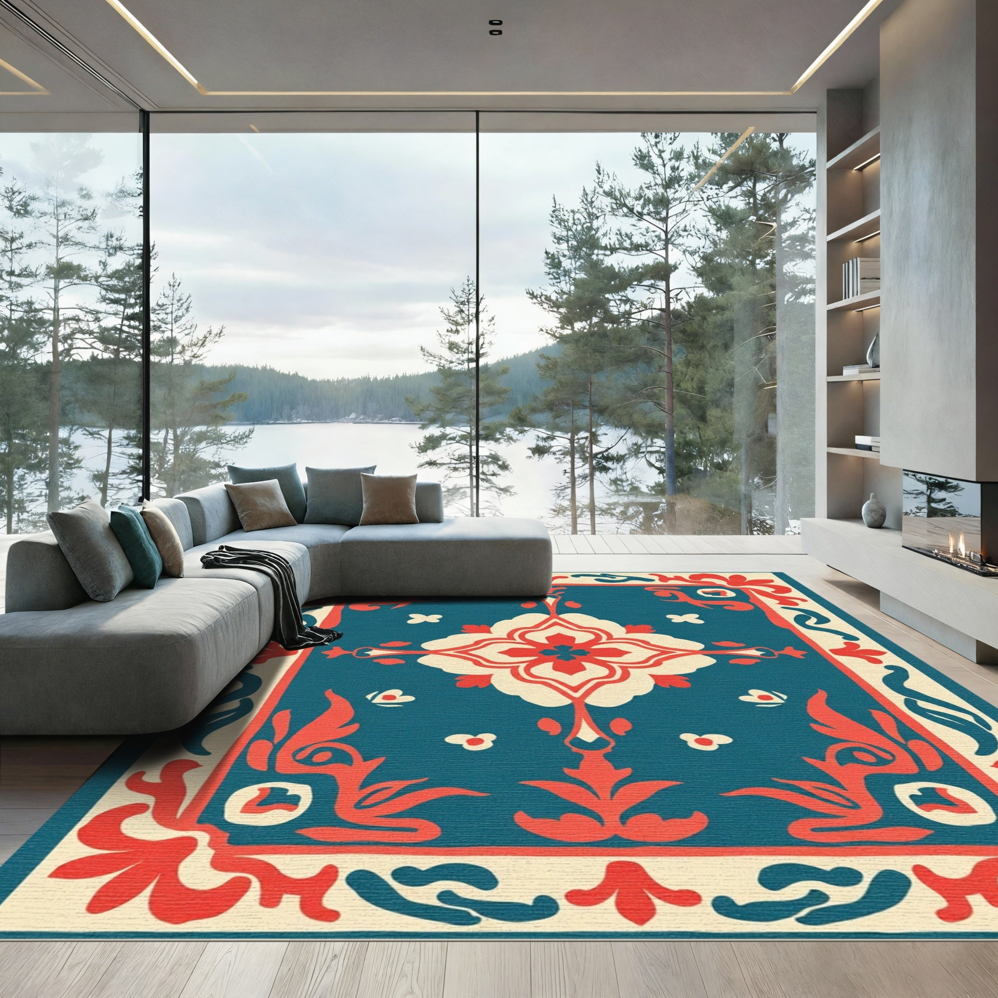 Teal Coral Floral Medallion Border Rug