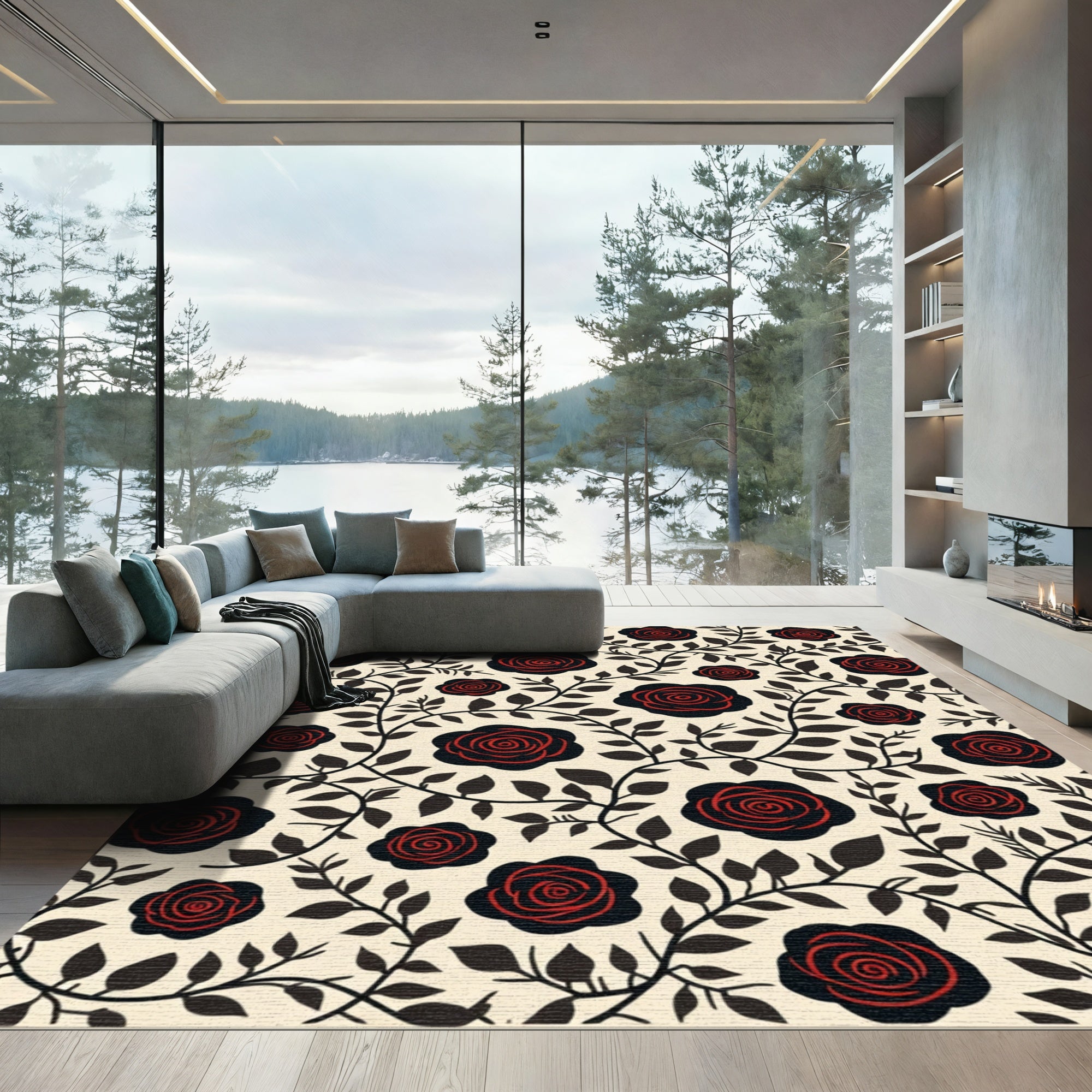Vintage Red Black Rose Vine Rug