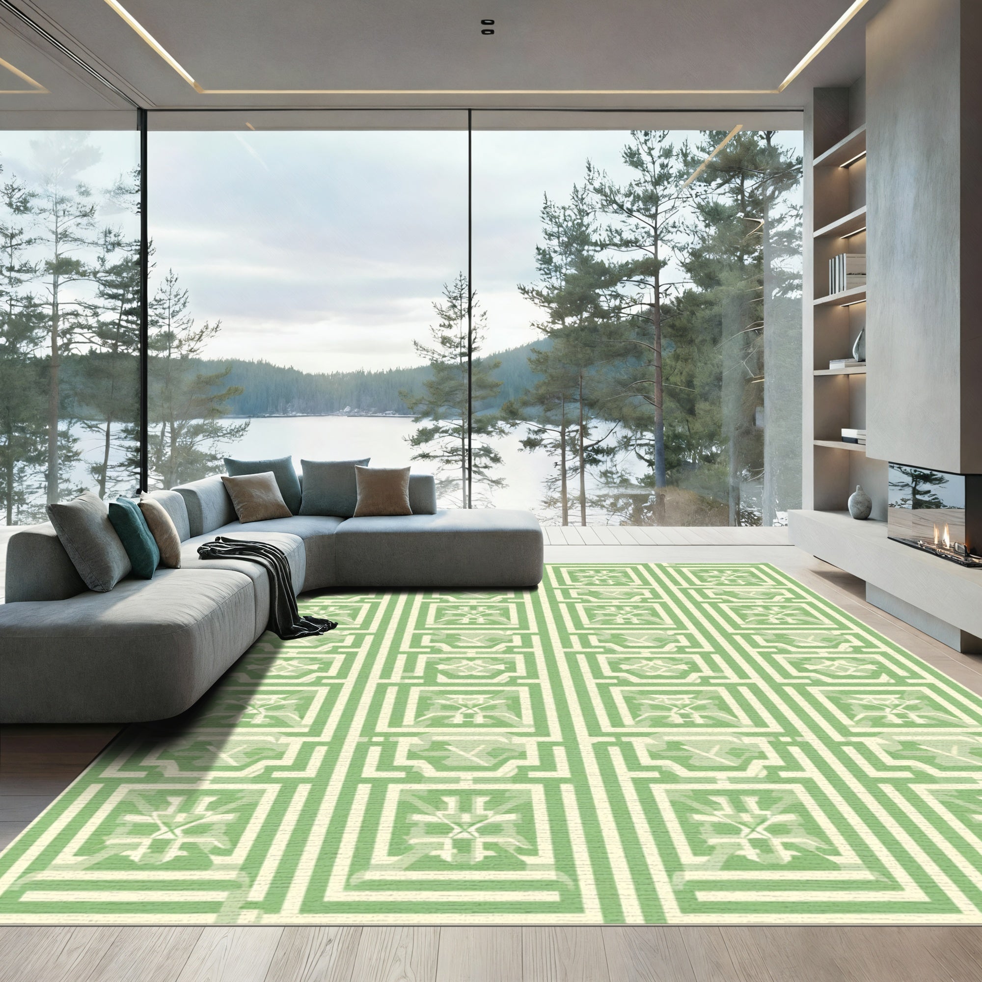 Pale Green Geometric Lattice Rug