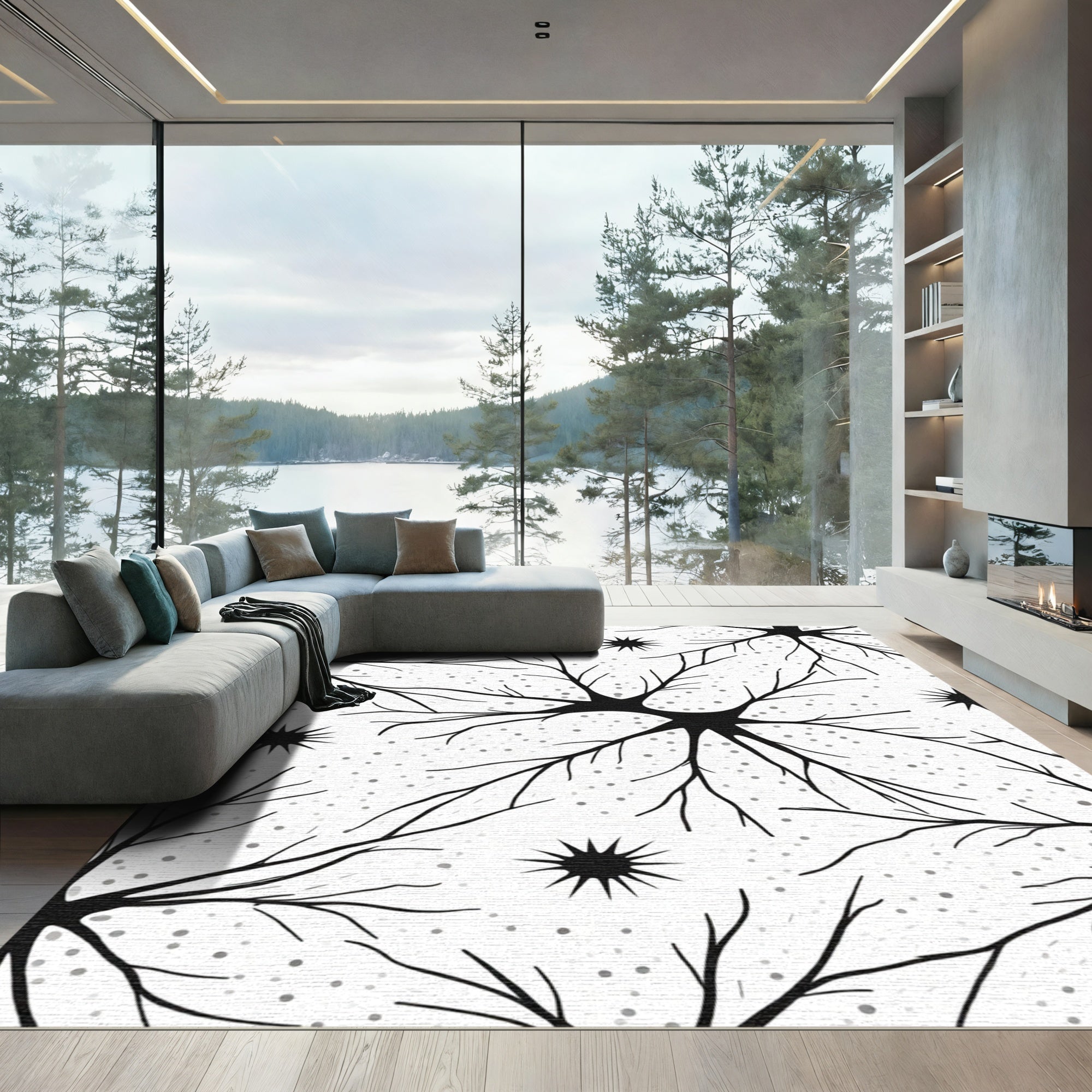 Black Neurons White Dot Starburst Rug