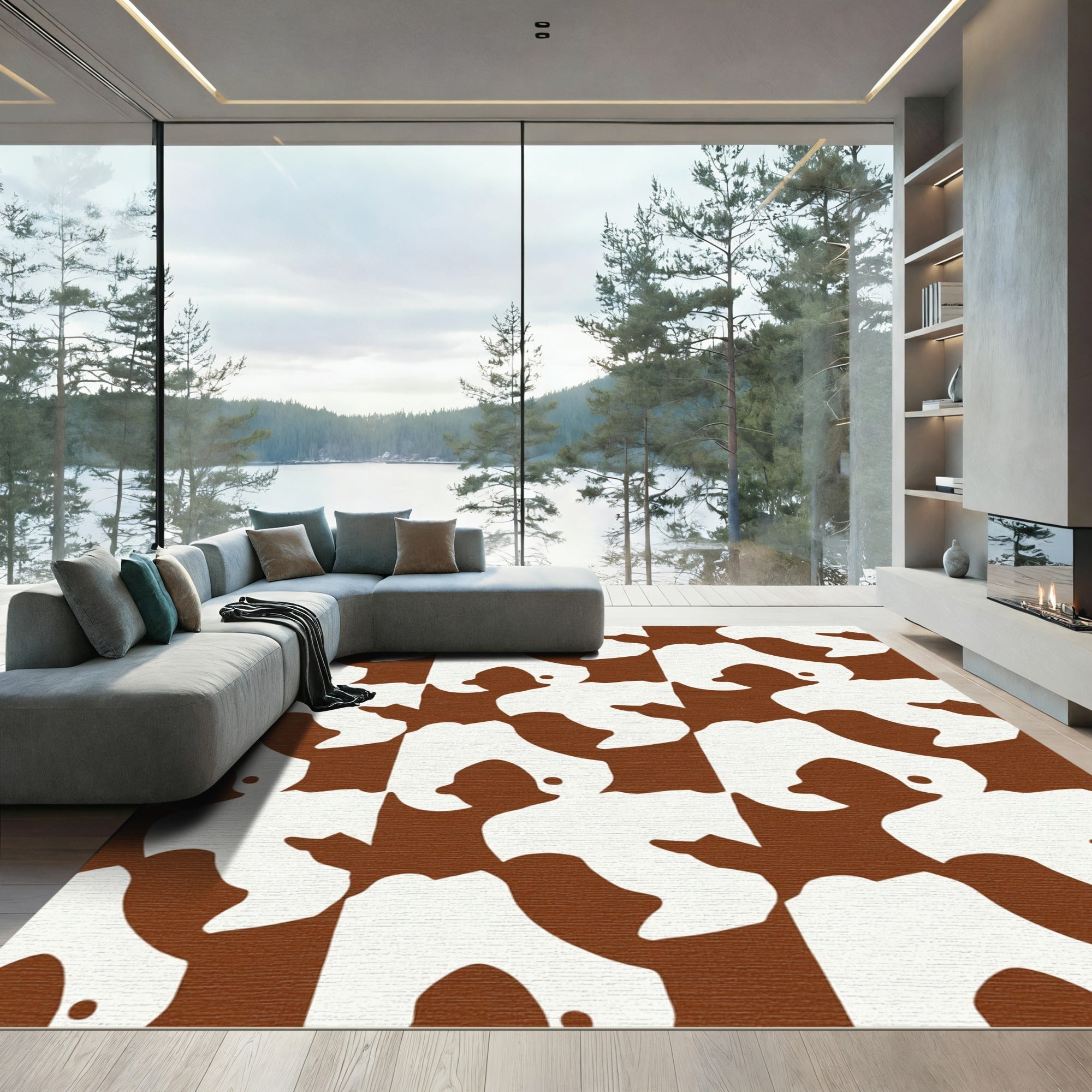Brown White Organic Abstract Blocks Rug