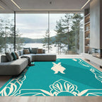 Teal White Silhouette Bunny Floral Border Rug