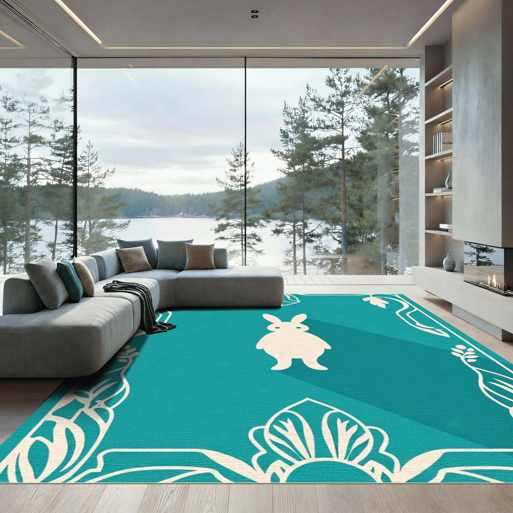 Teal White Silhouette Bunny Floral Border Rug