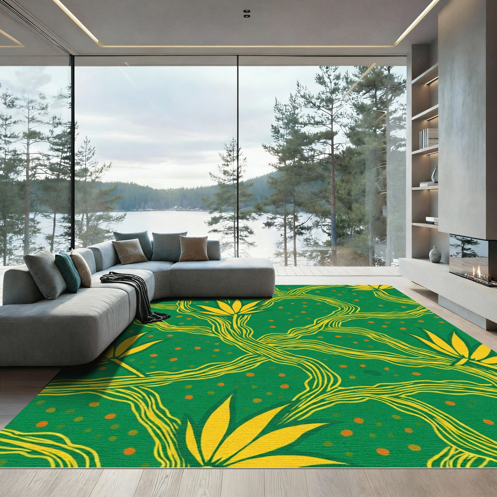 Green Yellow Vine Leaf Dot Rug