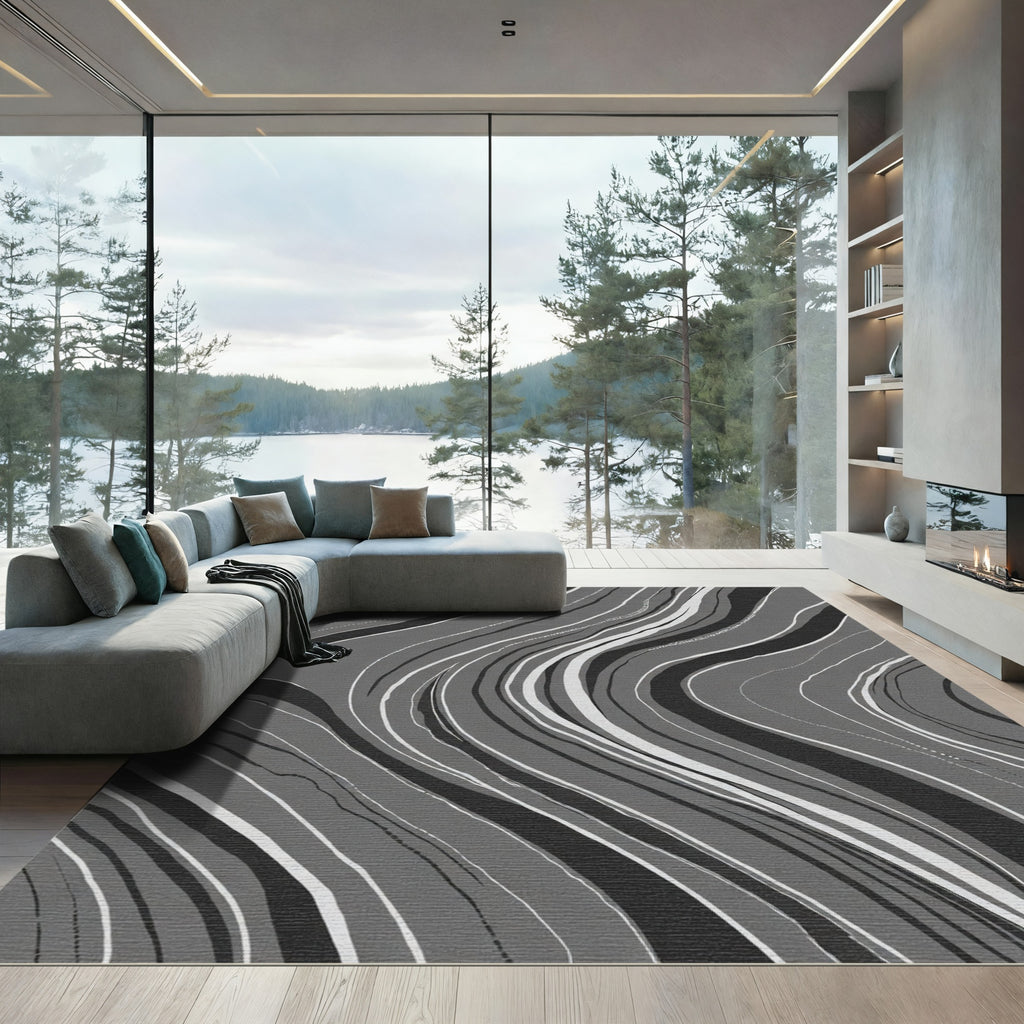 Monochrome Flowing Abstract Lines Rug