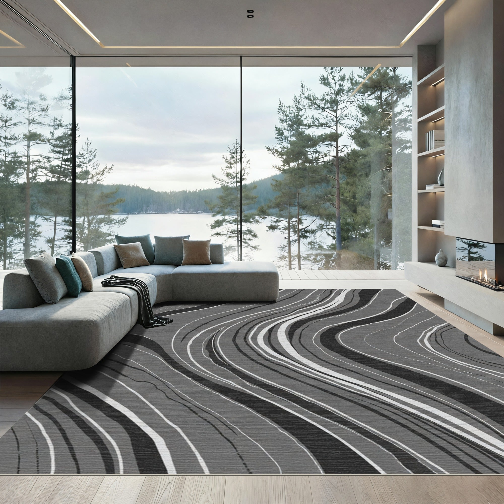 Monochrome Flowing Abstract Lines Rug