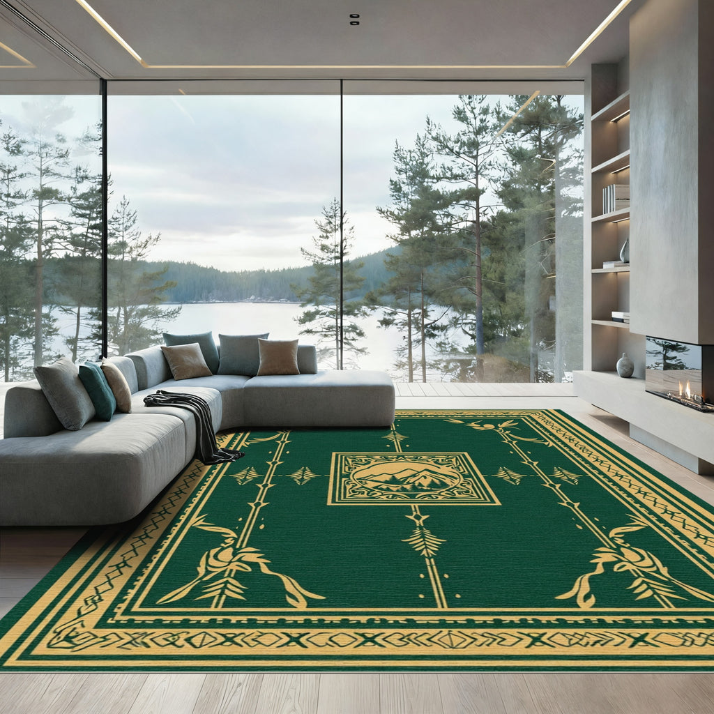 Forest Gold Mountain Scene Frame Rug