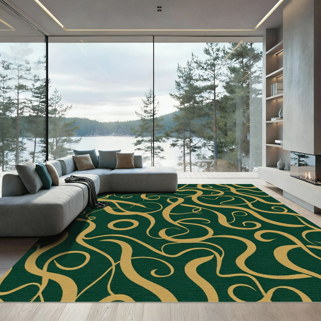 Emerald Gold Calligraphic Swirls Rug